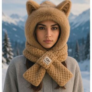 Tan Plush Hooded Scarf Hat With Animal Ears – Faux Fur Winter Wrap